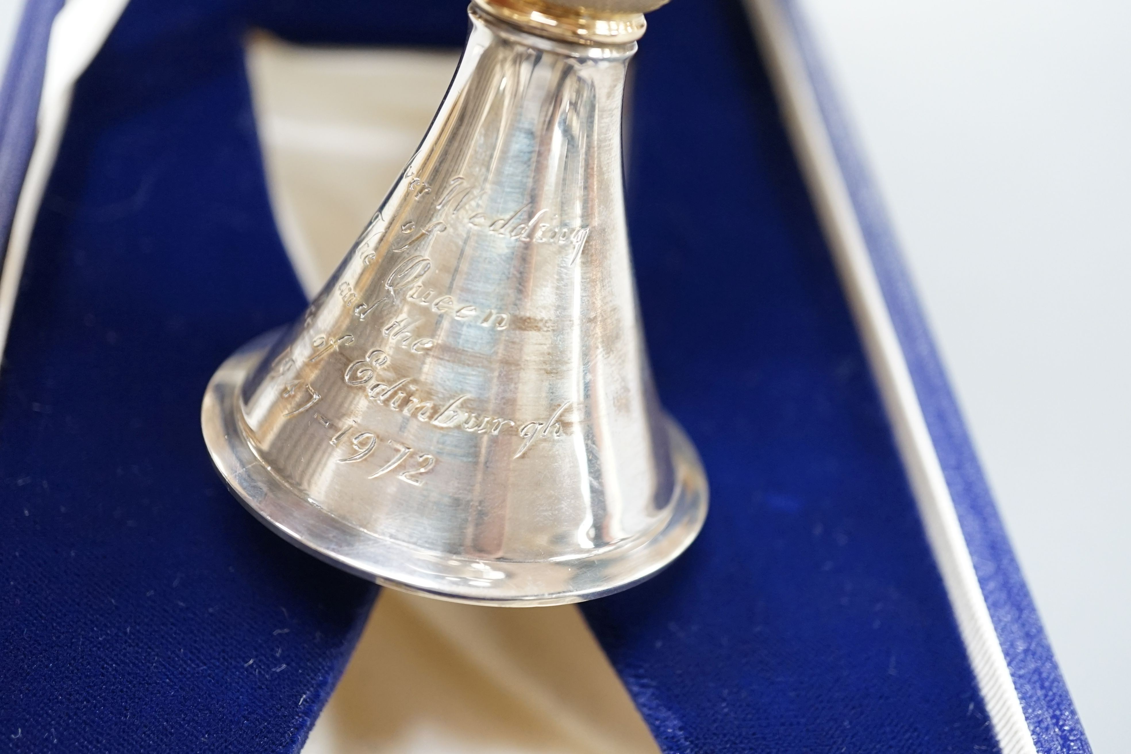 A cased Mappin and Webb parcel gilt silver limited edition QEII Silver Wedding Anniversary goblet, numbered 359/1000, London, 1972, 15.5cm, 7oz.